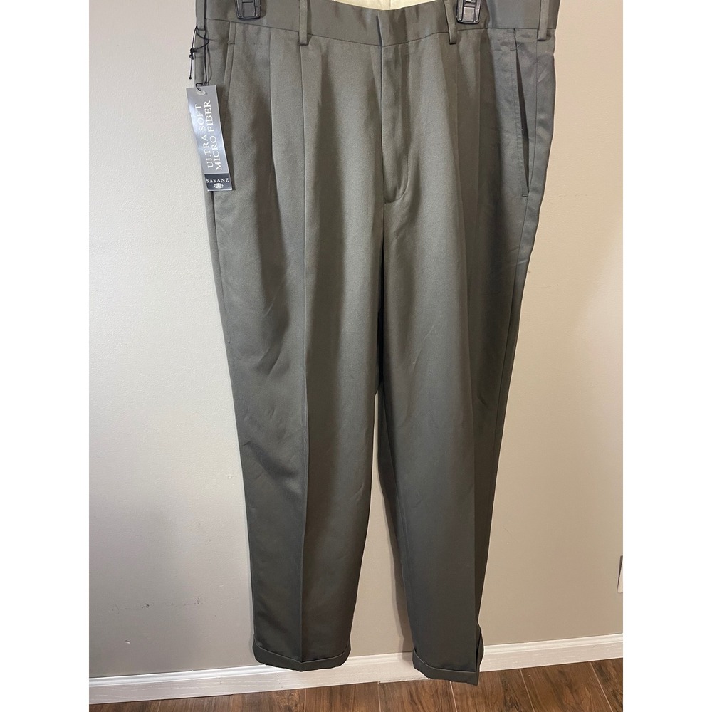 Savane Mens Sage Green Ultra Soft Microfiber Pleated Cuffed Dress Pants 34x32